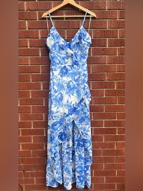 Privy Blue White Floral Maxi Dress Medium Cottagecore Wedding Guest Summer